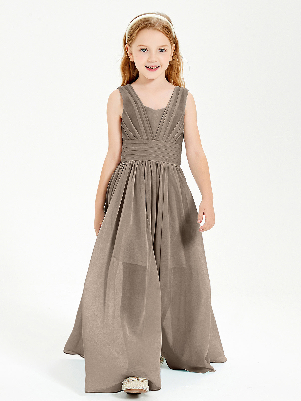 Long V-neck Junior Bridesmaid Dresses Taupe
